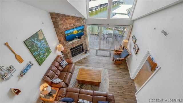 living room with a high ceiling, wood-type flooring, and a fireplace