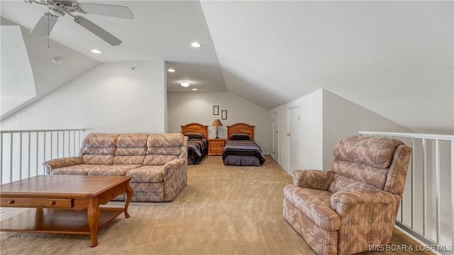 interior space featuring lofted ceiling and light carpet