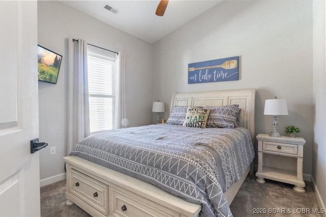 carpeted bedroom with ceiling fan