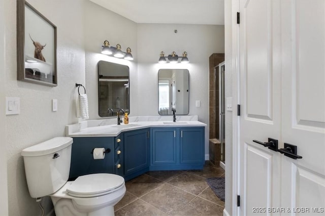 bathroom with walk in shower, tile patterned floors, vanity, and toilet