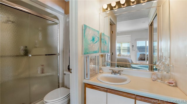 bathroom with vanity, an enclosed shower, and toilet