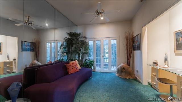 carpeted living room featuring ceiling fan and french doors