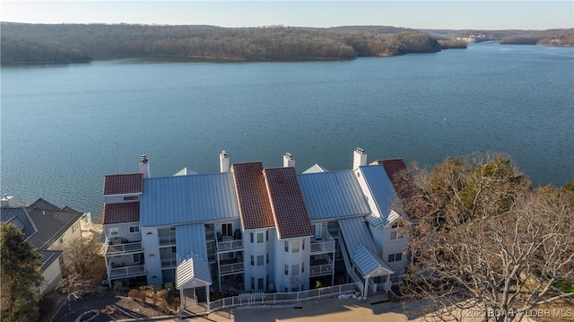 drone / aerial view with a water view