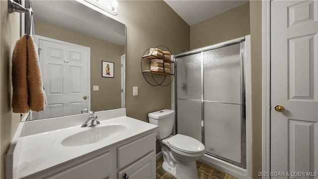 bathroom with vanity, an enclosed shower, and toilet