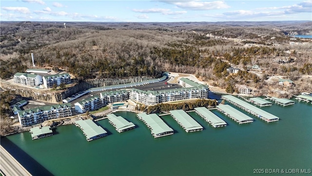 drone / aerial view with a water view