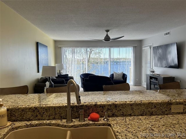 living room with ceiling fan, sink, and a textured ceiling