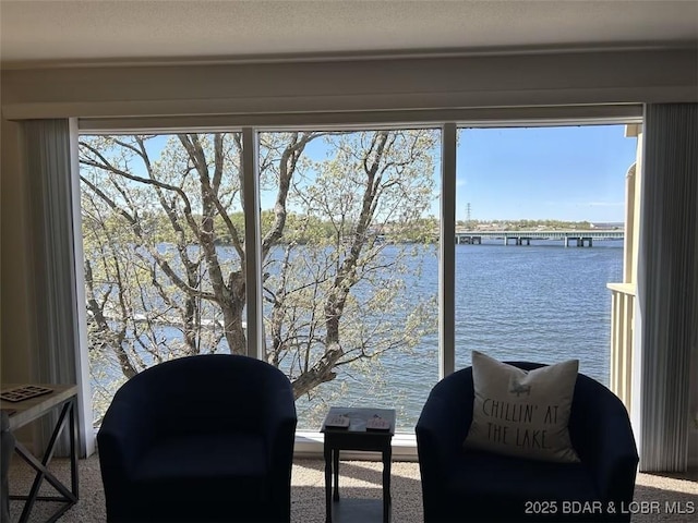 interior space featuring a water view