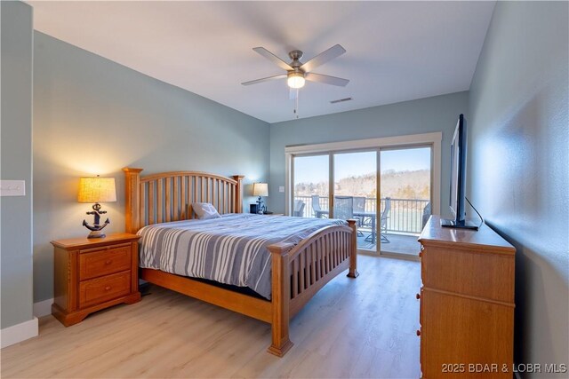 bedroom featuring ceiling fan, access to exterior, and light wood-type flooring