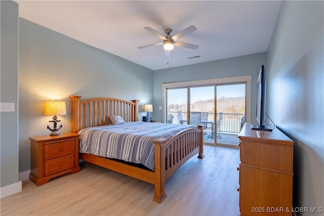 bedroom with access to outside, visible vents, ceiling fan, light wood-type flooring, and baseboards