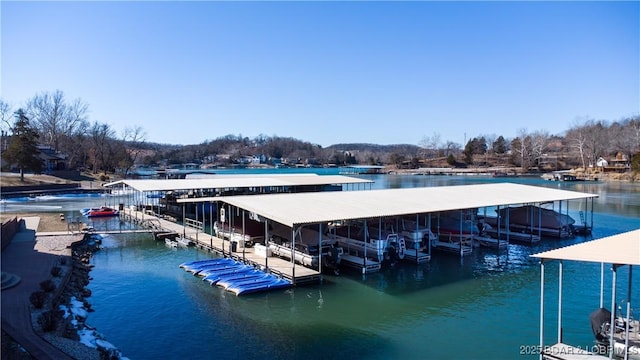 dock area with a water view and boat lift