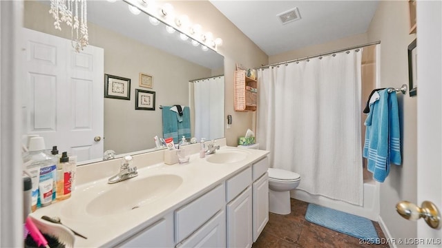 full bathroom with shower / bathtub combination with curtain, vanity, and toilet