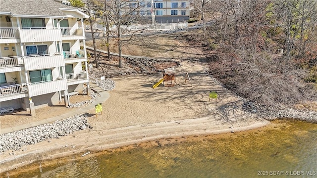 drone / aerial view featuring a water view