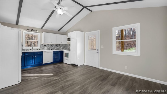 27436 Eola Ln, Rocky Mount, MO 65072 - kitchen with blue cabinets, white cabinetry, vaulted ceiling with beams, backsplash, and white appliances