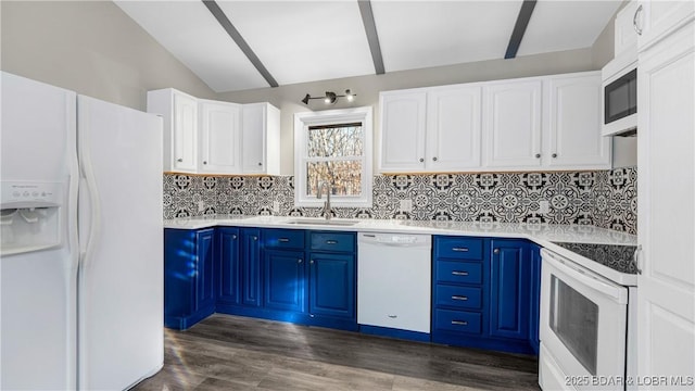 27436 Eola Ln, Rocky Mount, MO 65072 - kitchen with blue cabinetry, sink, white cabinetry, tasteful backsplash, and white appliances