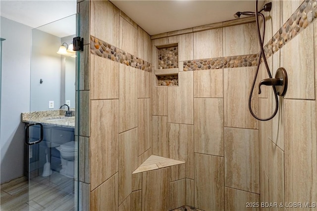 bathroom with toilet, vanity, and walk in shower