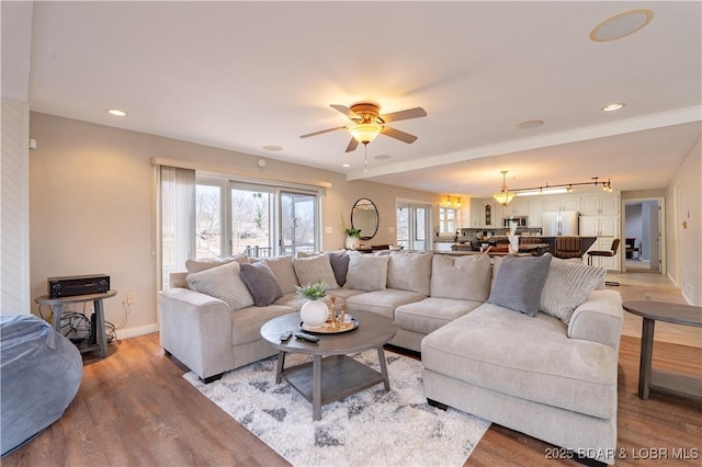 living room with hardwood / wood-style flooring and ceiling fan