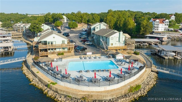 drone / aerial view featuring a water view