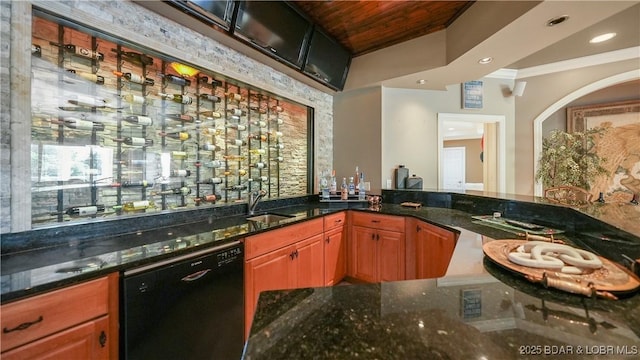 bar featuring sink, crown molding, wood ceiling, dark stone countertops, and black dishwasher