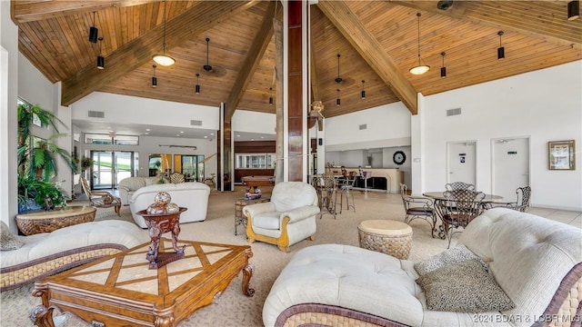 living room featuring beamed ceiling, light colored carpet, wood ceiling, and high vaulted ceiling