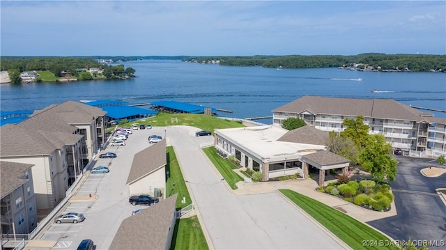 bird's eye view with a water view