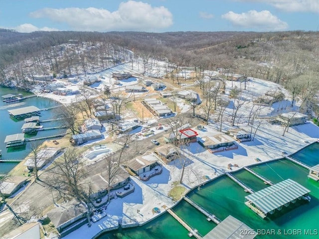 snowy aerial view featuring a water view