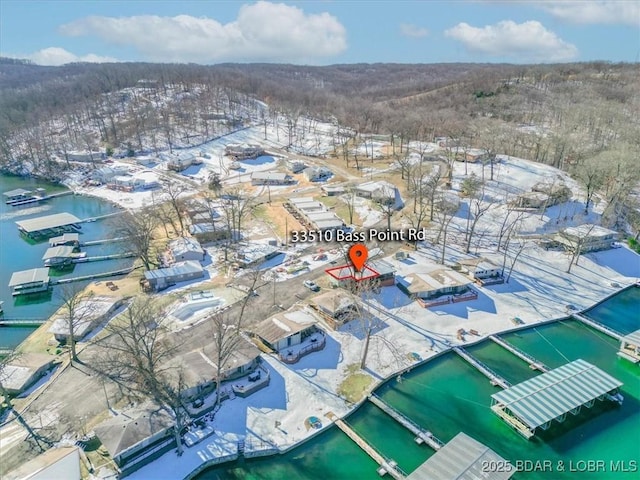 snowy aerial view with a water view