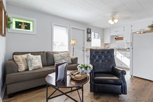 living room with hardwood / wood-style floors and ceiling fan