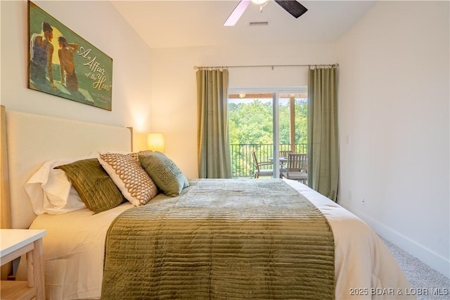 bedroom with access to exterior, carpet floors, and ceiling fan