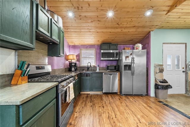 kitchen with appliances with stainless steel finishes, green cabinets, wood ceiling, and light wood-type flooring