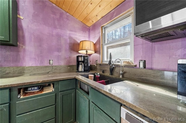 kitchen featuring wood ceiling, green cabinets, lofted ceiling, and sink