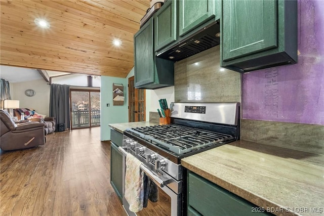 kitchen with light hardwood / wood-style floors, green cabinets, ventilation hood, and gas stove