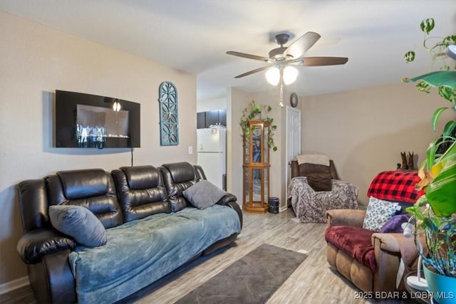 living room featuring ceiling fan and light wood-type flooring