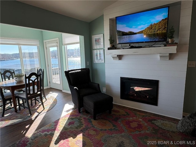 living room featuring hardwood / wood-style floors, vaulted ceiling, and a fireplace