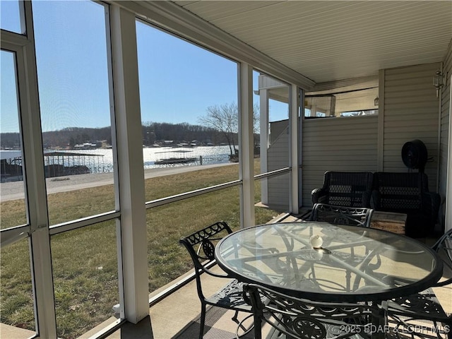 sunroom / solarium with a water view