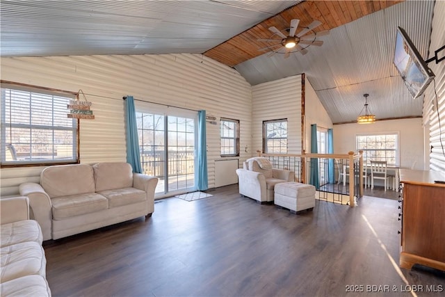 living room featuring wood ceiling, dark hardwood / wood-style flooring, and high vaulted ceiling