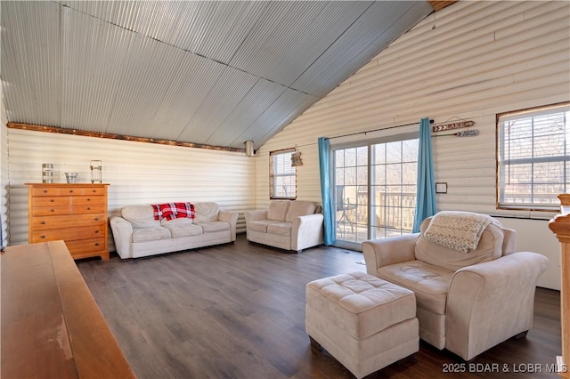 living room with high vaulted ceiling and dark hardwood / wood-style floors