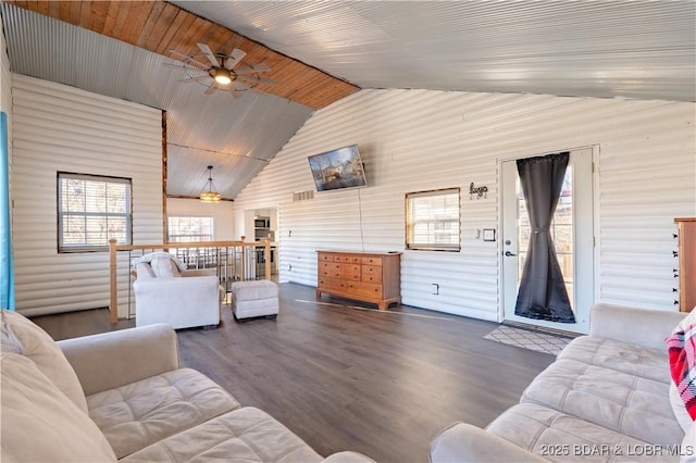 living room featuring ceiling fan, high vaulted ceiling, hardwood / wood-style floors, and wooden ceiling