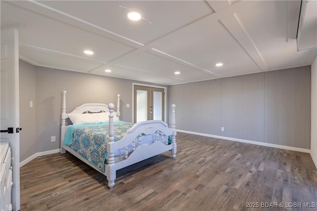 bedroom featuring dark hardwood / wood-style floors and french doors