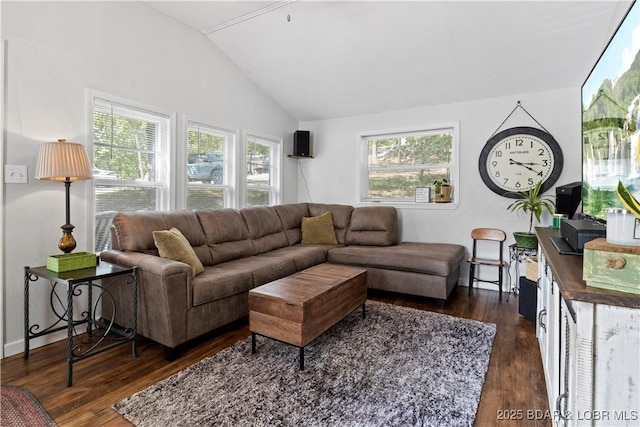 living room with dark hardwood / wood-style flooring, high vaulted ceiling, and a wealth of natural light