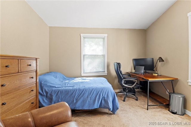 bedroom with light carpet