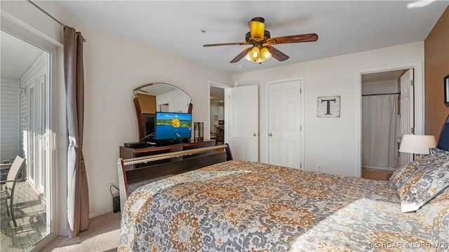 bedroom with multiple windows, light carpet, and ceiling fan