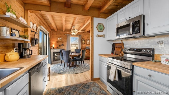 kitchen featuring light wood finished floors, stainless steel appliances, butcher block counters, decorative backsplash, and wooden ceiling