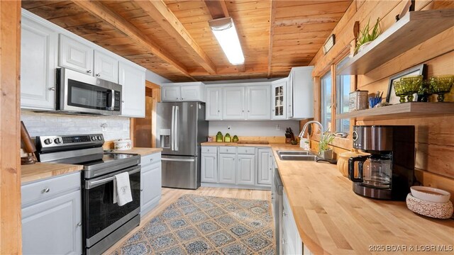 kitchen featuring appliances with stainless steel finishes, butcher block counters, sink, white cabinets, and wooden ceiling