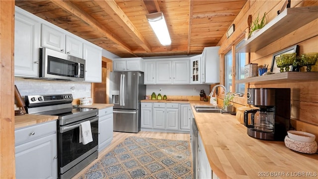 kitchen with stainless steel appliances, wooden counters, wood ceiling, white cabinets, and a sink