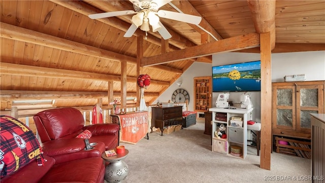 living area with vaulted ceiling with beams, carpet flooring, wood ceiling, and a ceiling fan