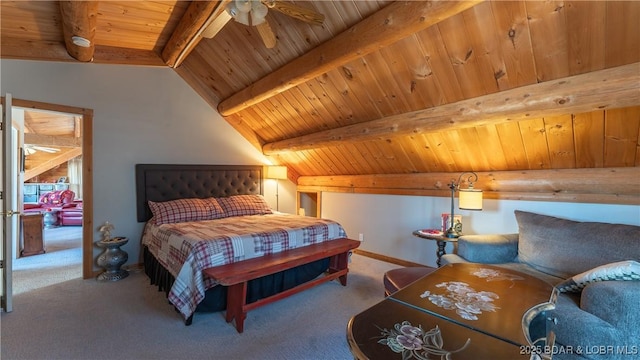 bedroom with wood ceiling, carpet flooring, vaulted ceiling with beams, and baseboards