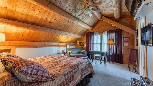 bedroom with vaulted ceiling with beams, wooden walls, wooden ceiling, and carpet