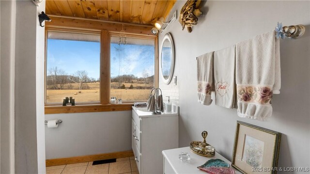 bathroom featuring tile patterned floors and wood ceiling