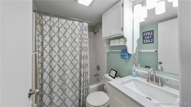 full bathroom with vanity, shower / bath combo with shower curtain, a textured ceiling, and toilet