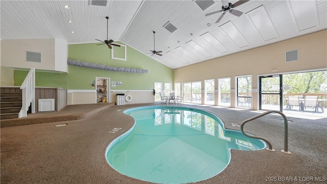 view of pool with ceiling fan and a jacuzzi